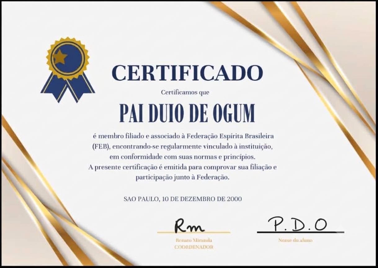 Certificado Pai Duio de Ogum